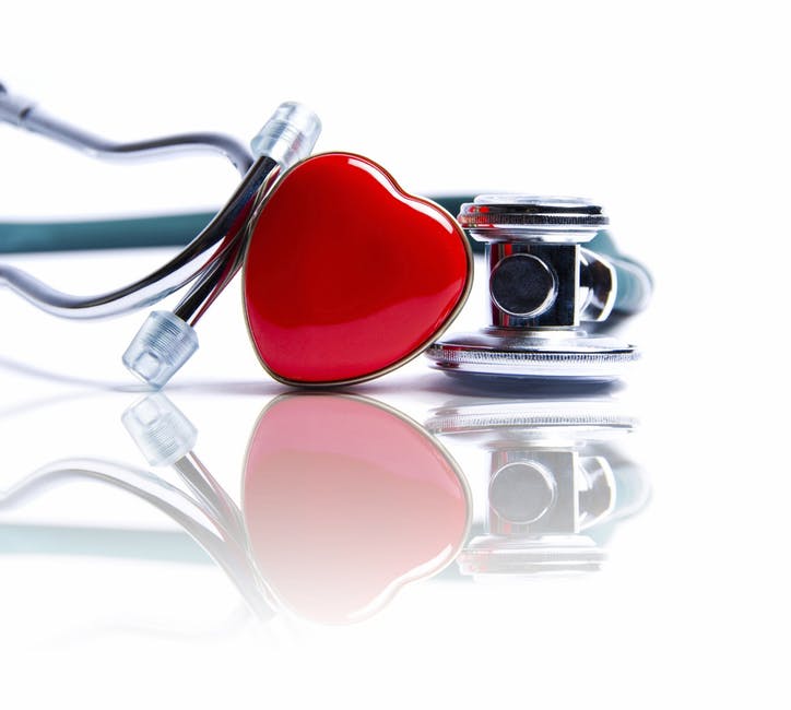a model of a heart next to a stethoscope